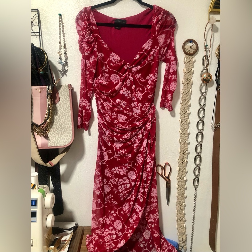 House of Harlow 1960 Light and Dark Pink Floral Long-Sleeve Ruched Maxi Dress